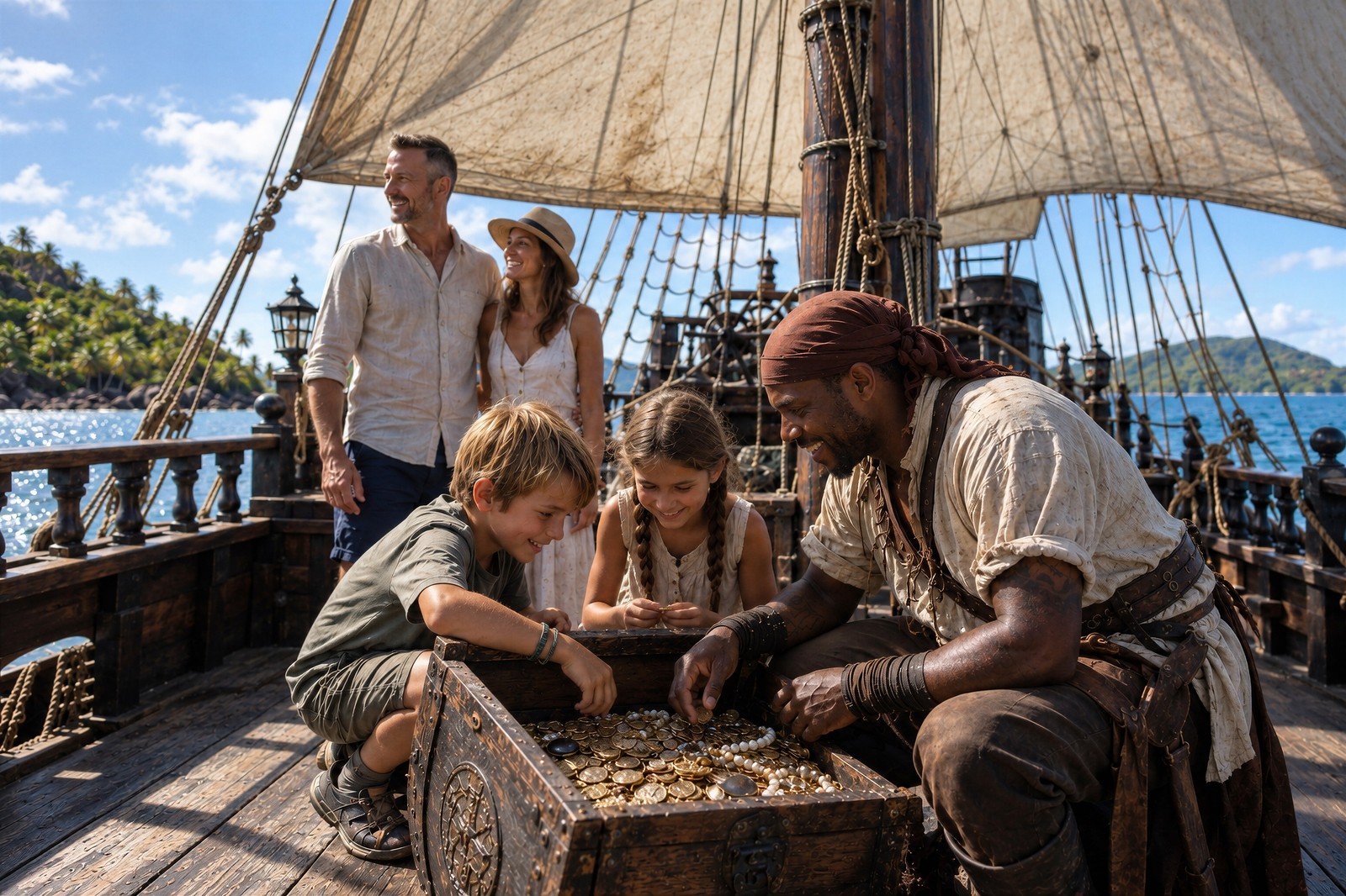 A family on deck opening a treasure chest with one of the crew