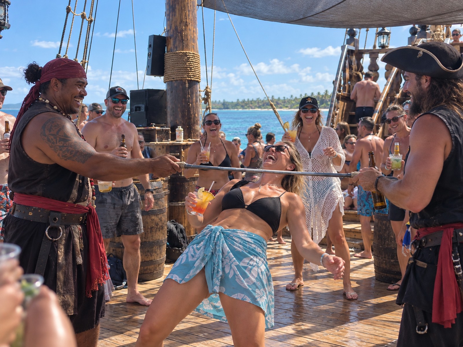 Two pirate crew hold the limbo bar as a guest leans back beneath it, the deck cheering her on