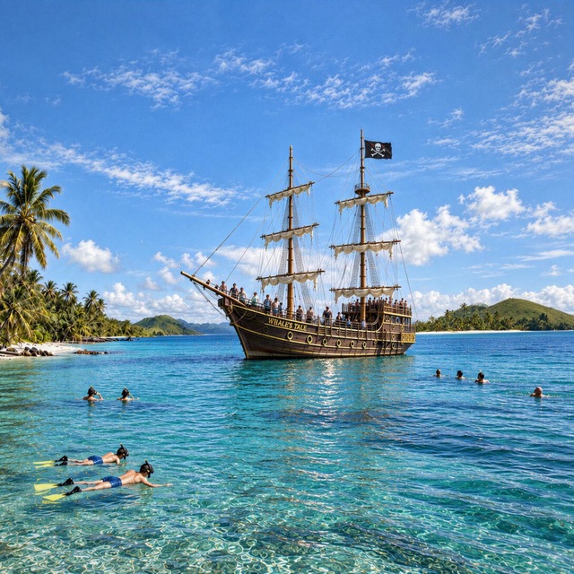 The Whale's Tale under sail in bright Fijian waters on the day adventure