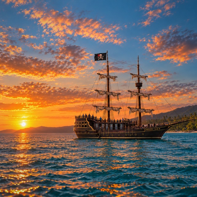The Whale's Tale at anchor at golden hour, sun low over the water, guests along her rails
