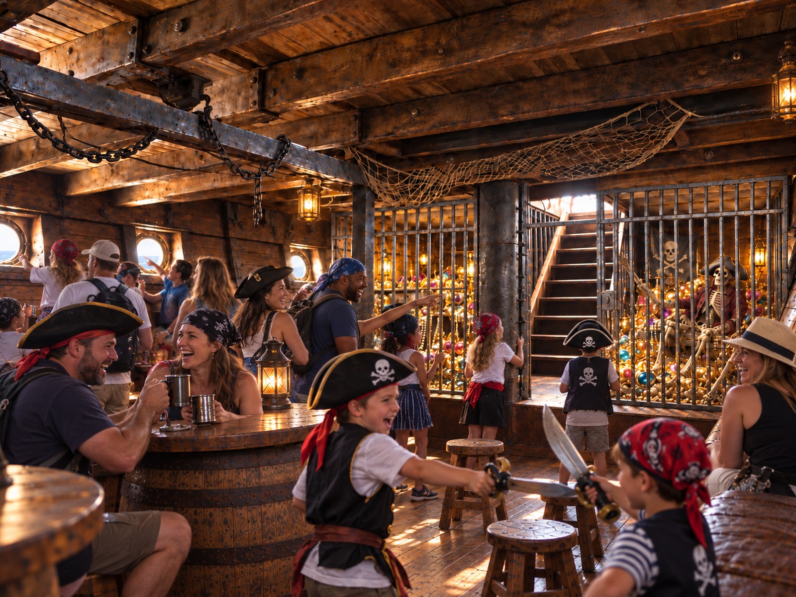 Families in pirate hats explore the lantern-lit hold, children play-fighting with toy cutlasses by the treasure cage