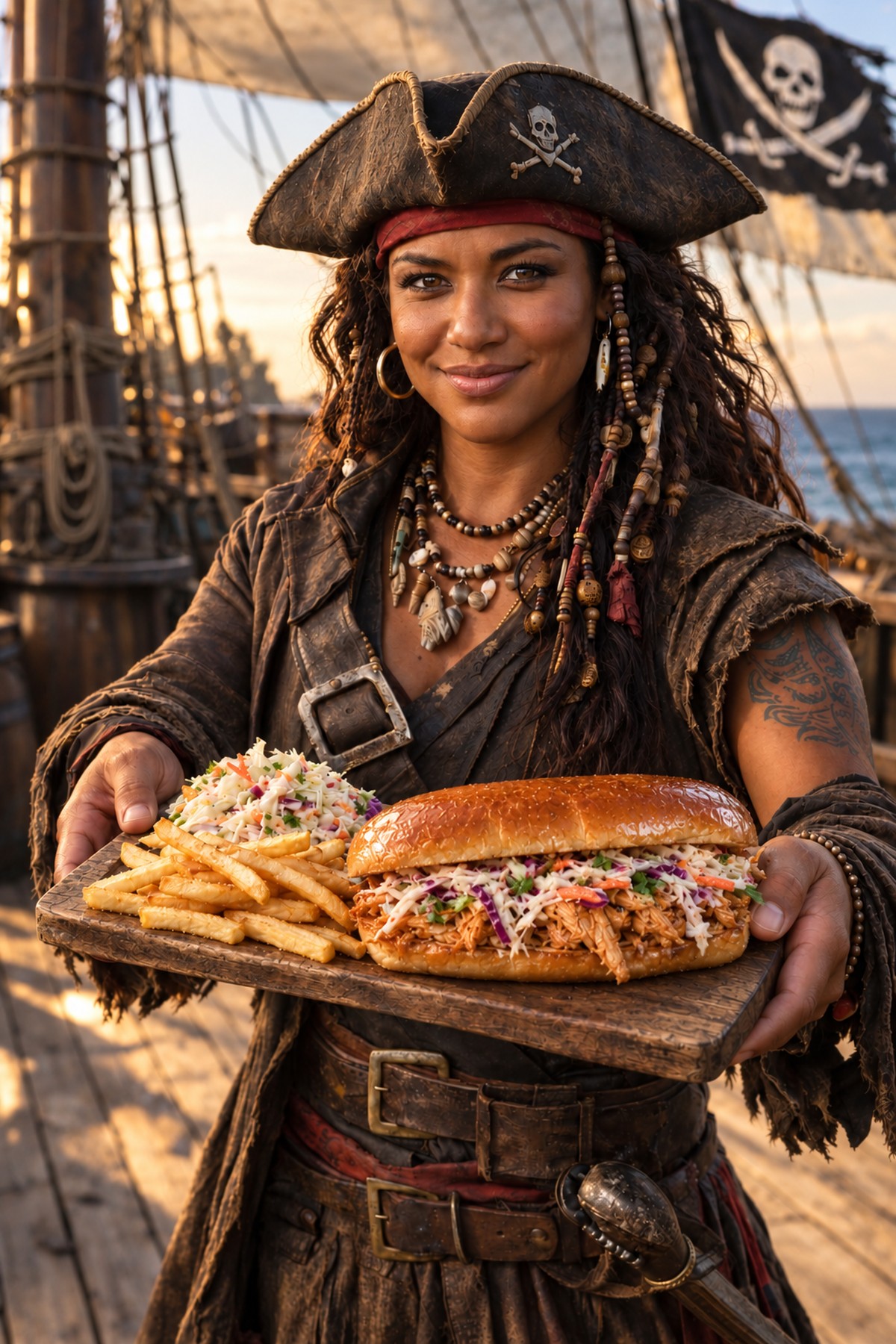 A pirate crew member presenting a brioche chicken roll with slaw and fries on a timber platter