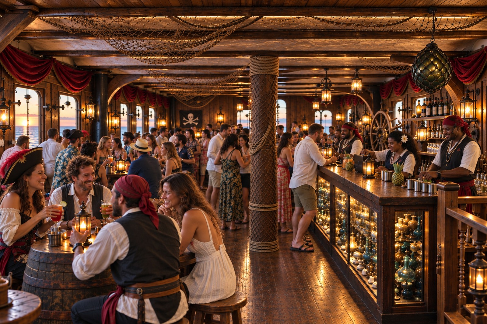 Neptune's Tavern in full swing — crew pouring behind the lit curiosities bar, every barrel table taken