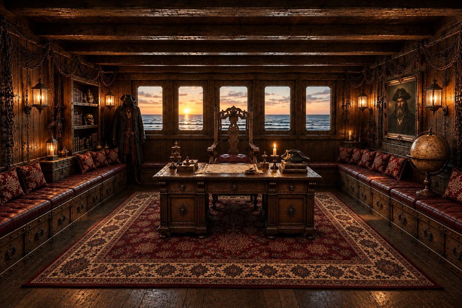 The captain's quarters: carved desk with charts, lantern light and sunset through the stern windows